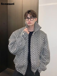 Nerazzurri Autumn Winter Warm Colorful Black and White Plaid Woolen Jacket Coat Men Zip Up Clothes Loose Casual Korean Fashion