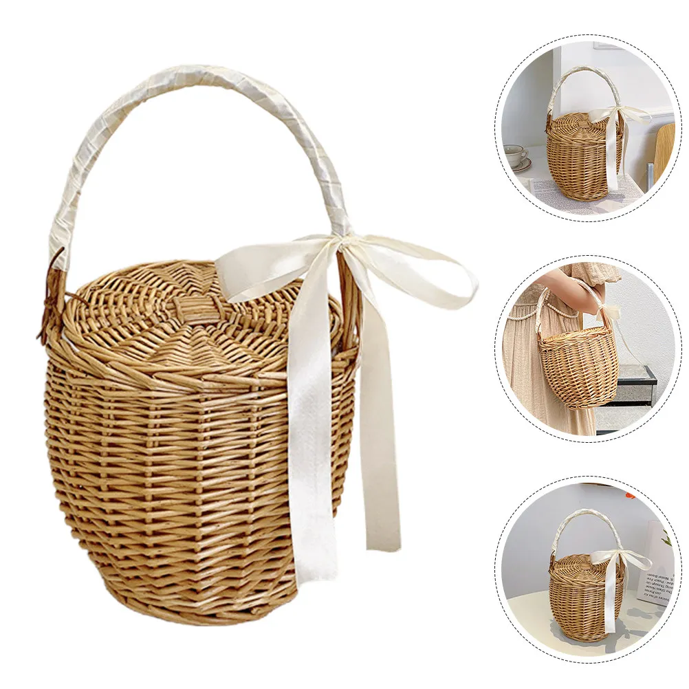 French Style Woven Handheld Picnic Basket for Fruits Vegetables Snacks Outdoor Camping Travel Storage Organizer Home Kitchen view 2