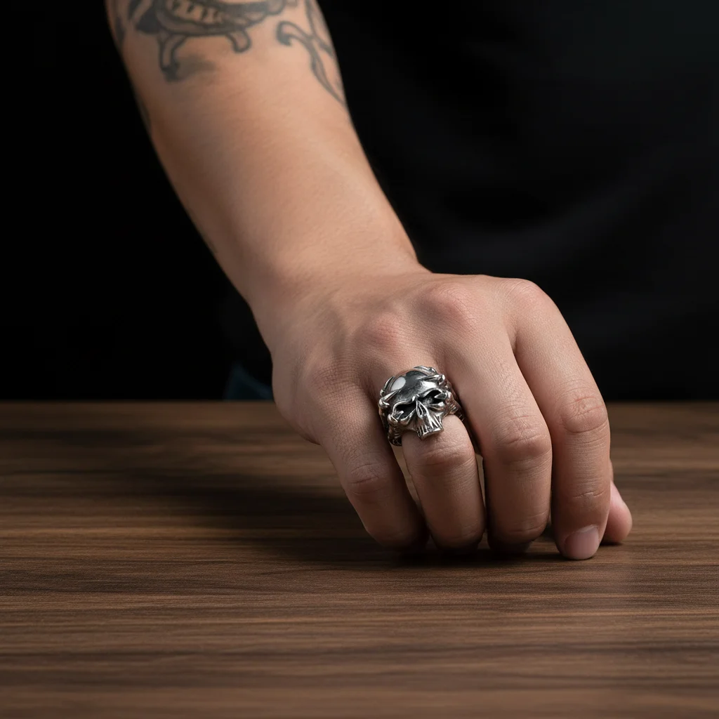 Punk Totenkopf-Ring für Männer aus Edelstahl, Gotischer Skelett-Ring, Vintage Biker-Schmuck, Retro Geschenk für Jungen und Freunde, Großer Statement-Ring