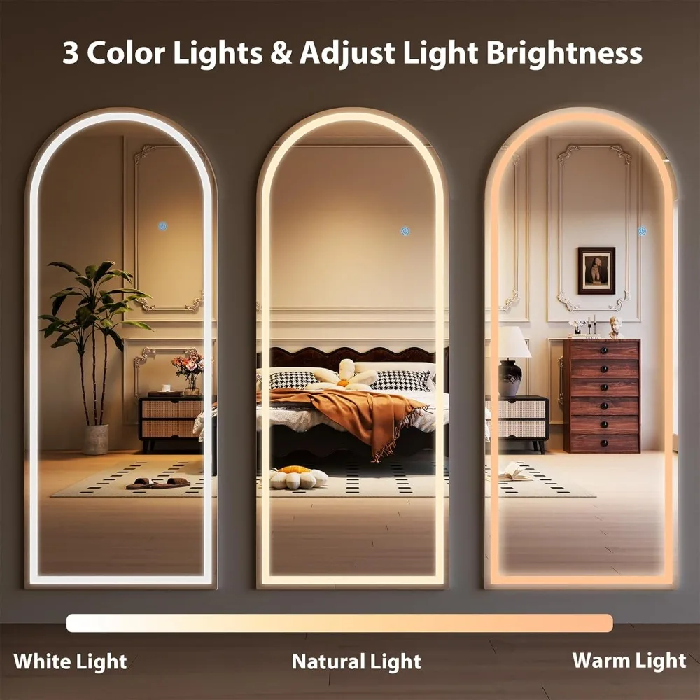 กระจกเงาเต็มตัวแบบตั้งพื้น ขนาด 63x20 นิ้ว พร้อมไฟหรี่แสงได้ 3 โหมดสี ดีไซน์โค้งมน แบบยืนพิงได้