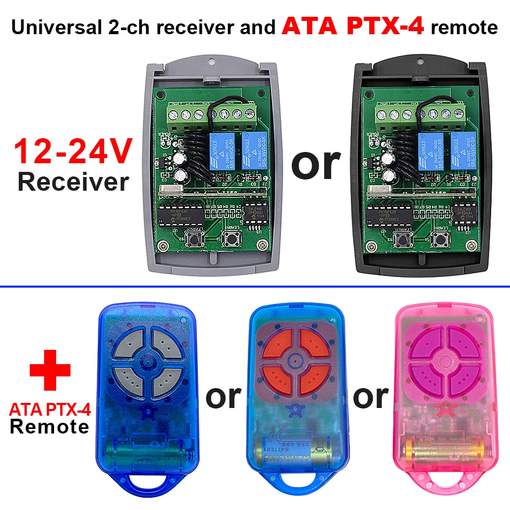 

2Channel Receiver with ATA PTX-4 Rolling Code Remote Control for Replacement Garage Gate Door Opener