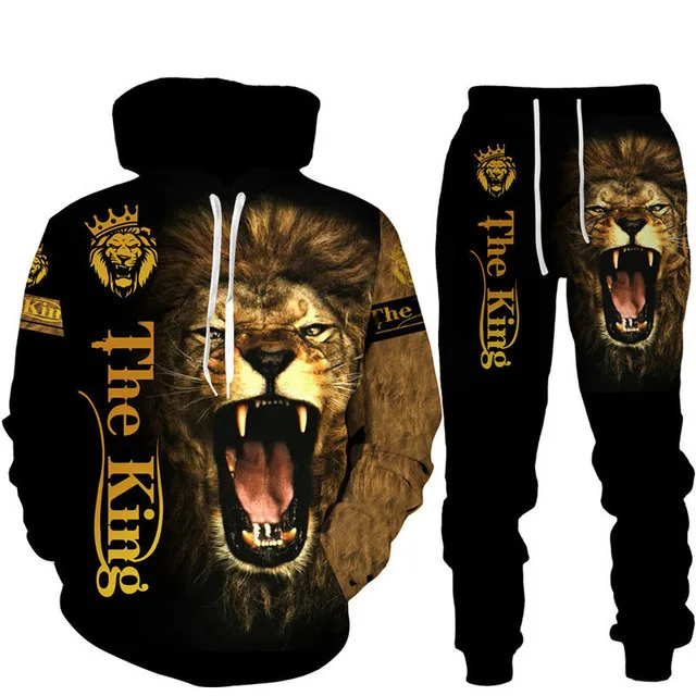 Sudaderas con capucha con estampado de león en 3D para hombre, conjunto de sudadera deportiva con capucha de 2 piezas, conjunto de pantalones de chándal informal para correr al aire libre, Otoño/Invierno