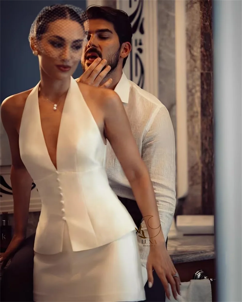 Luna Customized Beige V-Neck Halter Neck Wedding Dress Single Breasted Two-Piece Set Vestidos De Novia Short Evening Dresses image 6