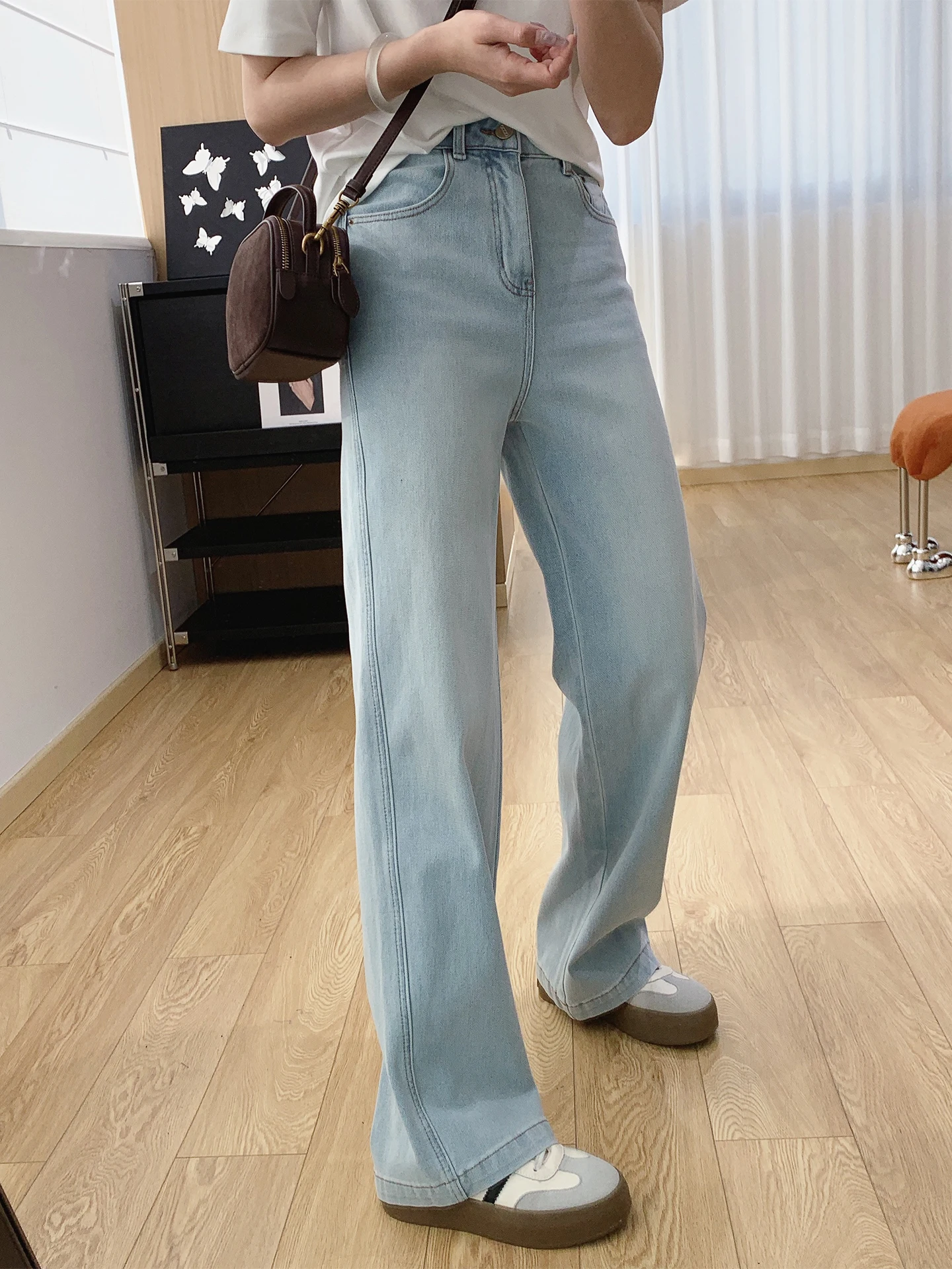 

Женские джинсы с высокой талией, прямые, свободные, широкие штанины, весна-лето, брюки в пол, эластичные, из хлопка