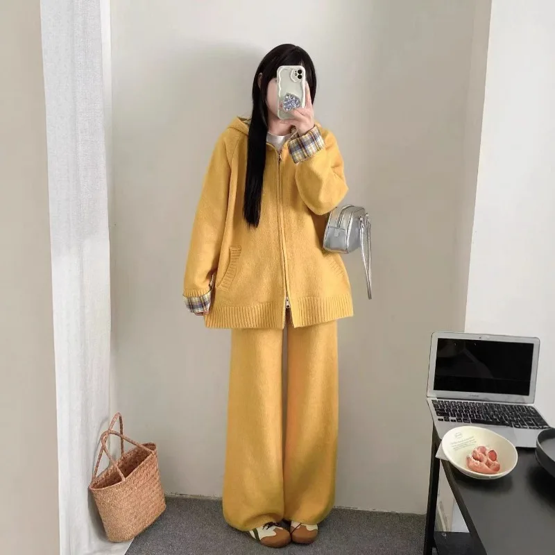 Koreanische beiläufige Lose Feste langarm gestrickte zipper mit kapuze strickjacke + elastische taille hosen 2-teiliges set winter frauen Anzug Neue