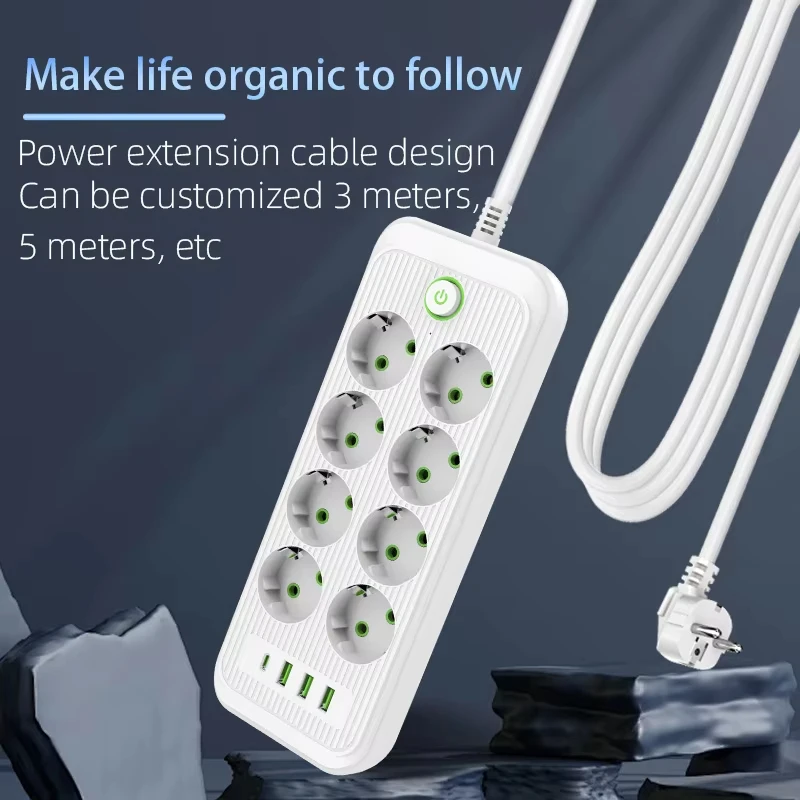 2500W EU Extension Socket Multi-Port AC Power Outlet with USB Connector 2M Extension Cord Household Power Plug Charge Protection