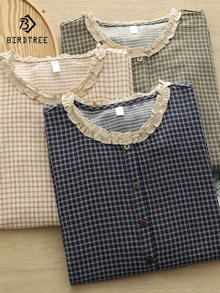 

Новинка 2025, осенняя хлопковая рубашка с длинными рукавами, женская лоскутная клетчатая рубашка с оборками, свободная блузка Mori Girl для снижения возраста T5O552CC