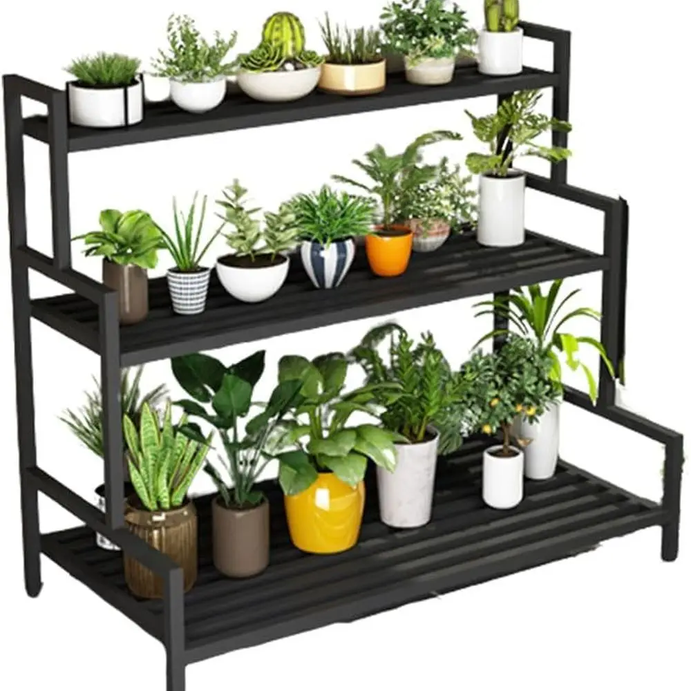 

Большая металлическая многоярусная подставка для растений — черная уличная подставка для цветов, устойчивая к ржавчине и воде для патио, балкона, двора