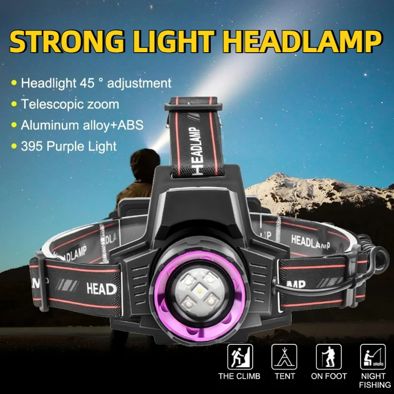 Superbright LED White Light Headlamp UV Purple Light Lamp Zoomable Waterproof Rechargeable Headlight for Fishing Camping