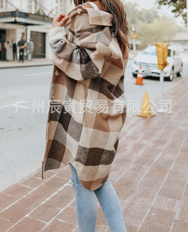 Plaid Jackets Women Woolen Long Coat Autumn Fall Blends Classic Tartan Y2k Shacket with Pockets Y2k Maxi Windbreaker Outwear