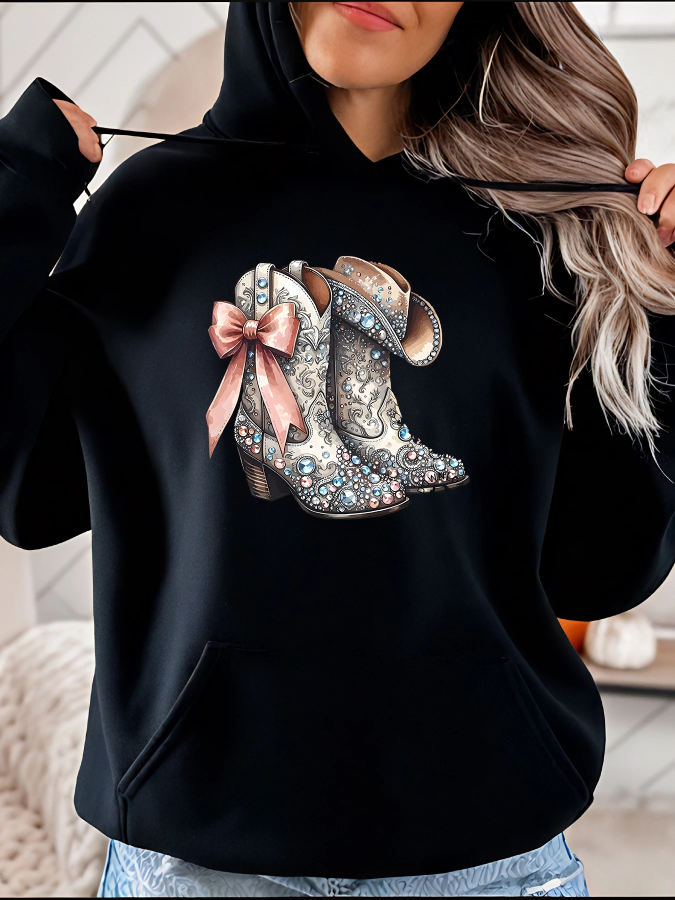

Женские ковбойские сапоги, толстовка с принтом, пуловер с длинными рукавами, модная повседневная уличная одежда для женщин