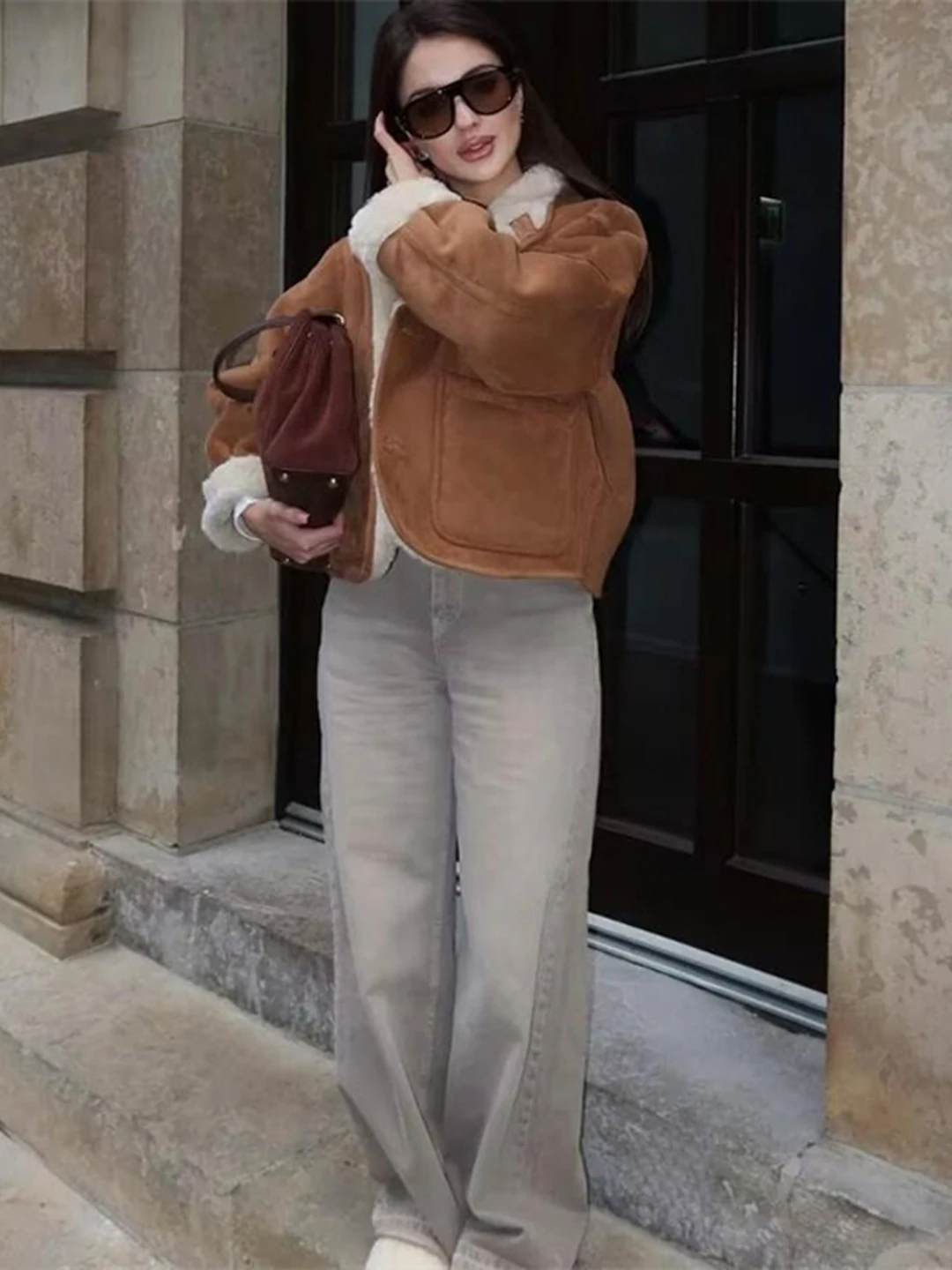 Cappotto da pilota Jaet in pelle scamosciata Faionable da donna, vestibilità ampia, vestibilità ampia su due lati, chiusura lunga con bottoni