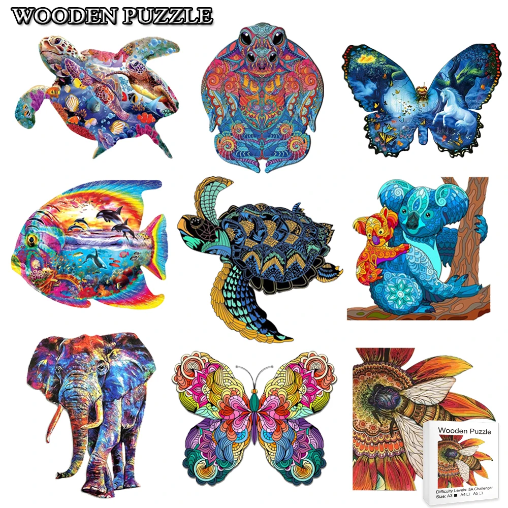 Popular Wooden Puzzles Exquisite Animal Montessori Toy for Adults Kids Irregular Shape Board Set Toy Peacock DIY Drawing