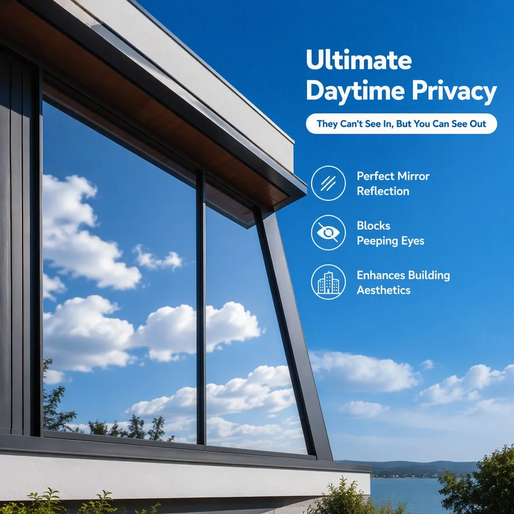 Silver One Way Mirror Privacy Window Film Self Adhesive Heat Control UV Block for Home Office Bathroom Glass Door