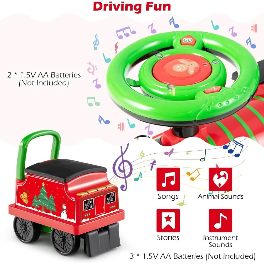 รถไฟของเล่น 6V 2 ที่นั่ง พร้อมห้องโดยสาร ที่เก็บของ นกหวีดรถไฟ เพลง ไฟ สำหรับเด็กอายุ 18 เดือนขึ้นไป (2 ที่นั่ง, คริสต์มาส)