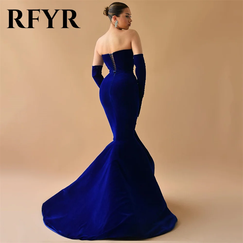 RFYR Elegant Evening Dresses With Gloves Mermaid Velvet Sweep Train Vestidos de noite Prom Formal Dress for Women Customized