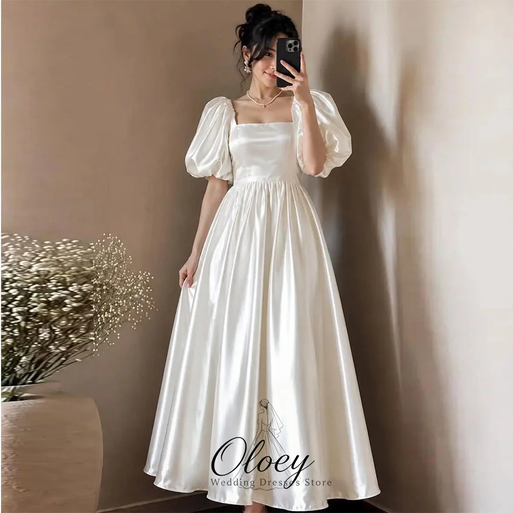 OLOEY Customized Simple Satin Bridal Gown Square Neck Puff Sleeve Ankle-Length A Line Korea Wedding Dress Photo Shoot Lawn