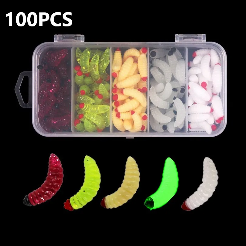 

100pcs Silicone Soft Maggot Baits 5 Colors Mixed Bass Fishing Worms Lures, Bread Worm Fishing Lure