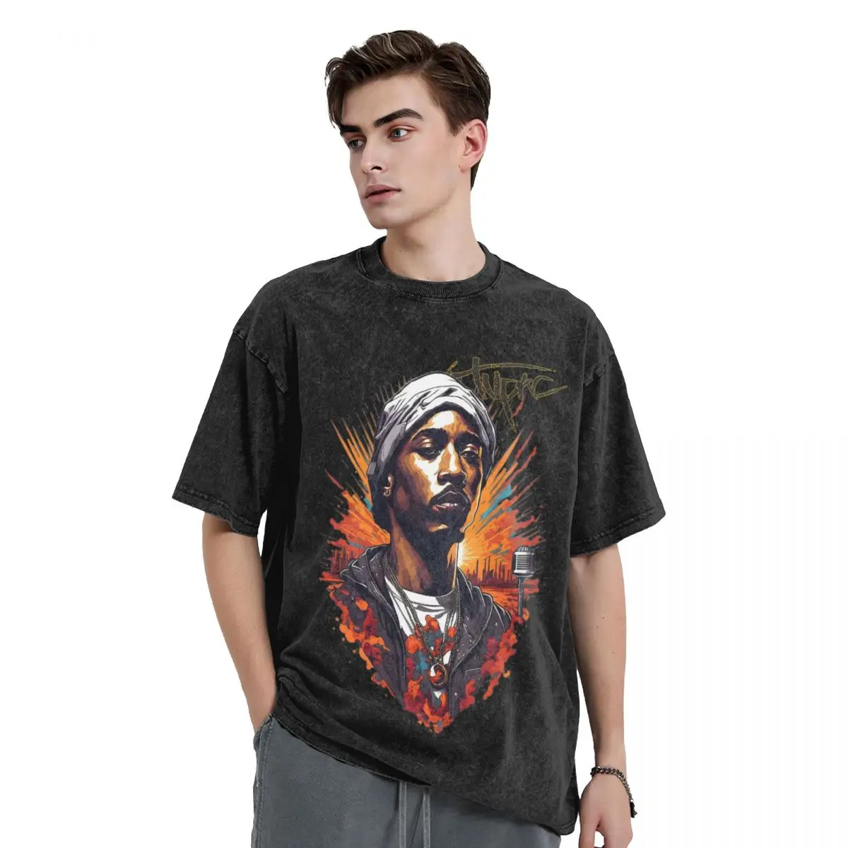 Rapper Tupac woman Men Washed T-Shirt Hot stamping Print Tees,Harajuku Cotton Tshirt Men's Summer Short Sleeve Tees