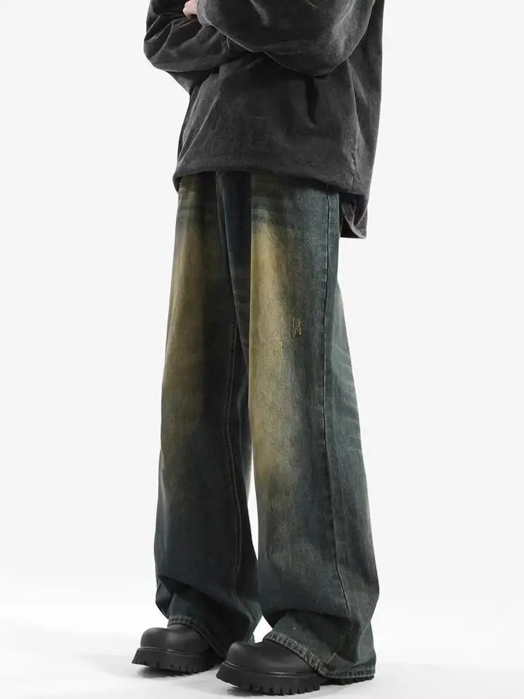 

Мужские джинсы из синего денима в стиле ретро, модный дизайн в стиле хип-хоп, прямые длинные брюки, винтажный крой...