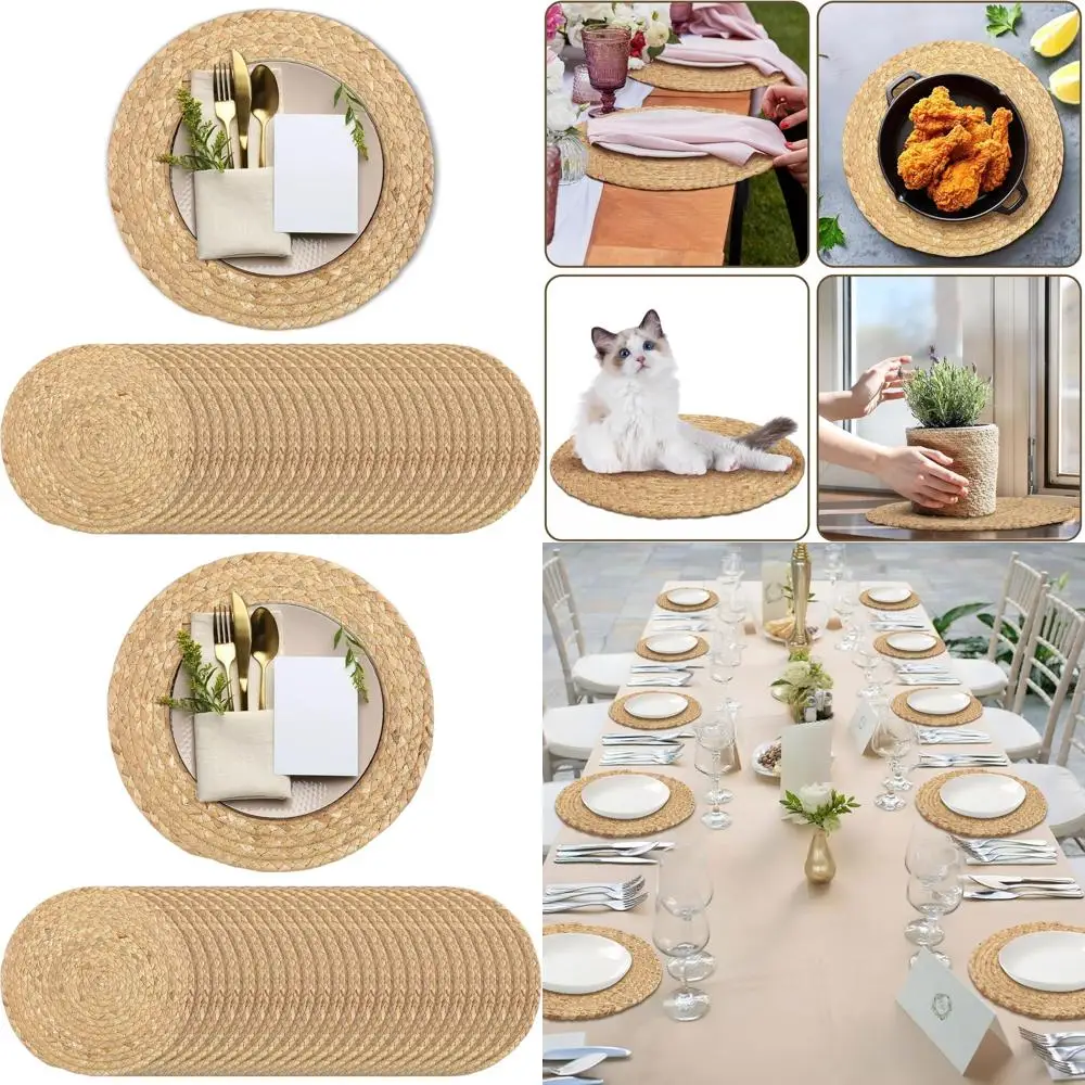

24 упаковки, 12 плетеных салфеток из натурального гиацинта, коврики для стола из ротанга ручной работы в стиле бохо для домашней столовой и праздничного использования