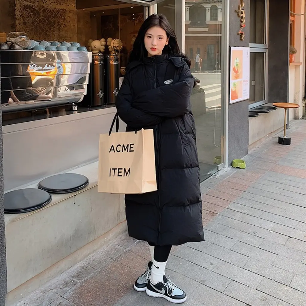 

Women's Black down Cotton Outwear Korean Style Loose Thickened Winter Jacket Mid-Length over the Knee New