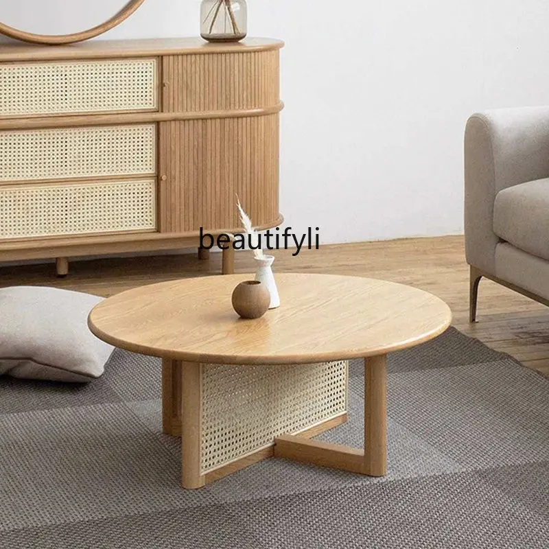 

yj Japanese Style Tea Table Log Style Simple round Solid Wood Rattan Small Table Low Table