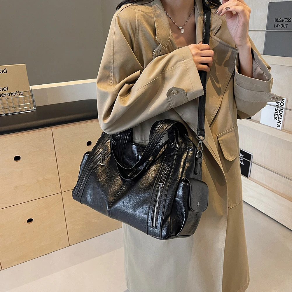 

Женская сумка через плечо с несколькими карманами, большая сумка из искусственной кожи с застежкой-молнией, модная сумка в стиле ретро для работы, путешествий