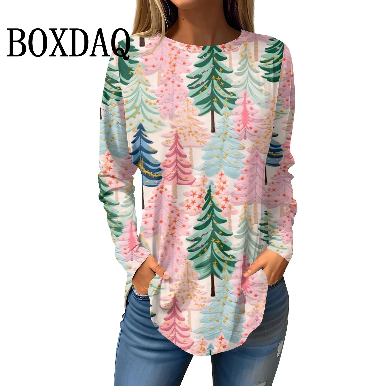 Long Sleeve Tops For Women T-Shirt Casual 3D Print Tops T Shirt Fashion Round Neck Winter Christmas Tree Pattern Ladies Clothes