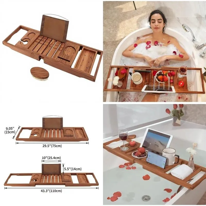 Premium Luxury 100 Percent Teak Bathroom Bath Tray Retractable Wooden Bath Tray