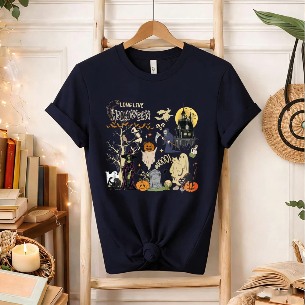 Long Live Halloween Collage T‑Shirt Witch Ghost Grim Reaper Haunted House Pumpkin Skeleton Tombstone Black Cat Bat Moon Spooky