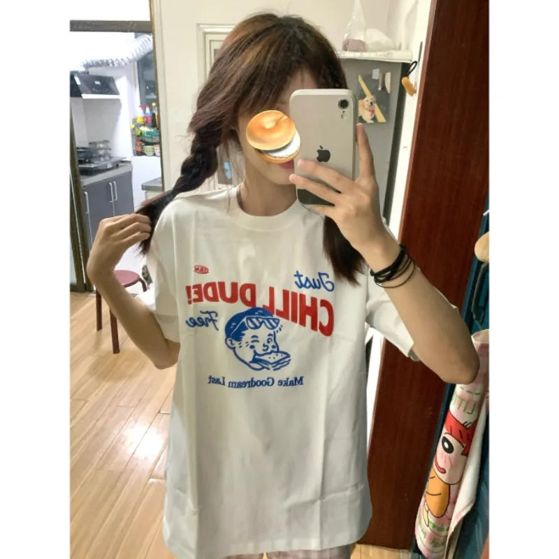 

Casual Cartoon Trendy Feeling Sandwich Summer Printed T-Shirt Women's White Summer Short Sleeved Harajuku Streetwear Tops Tees