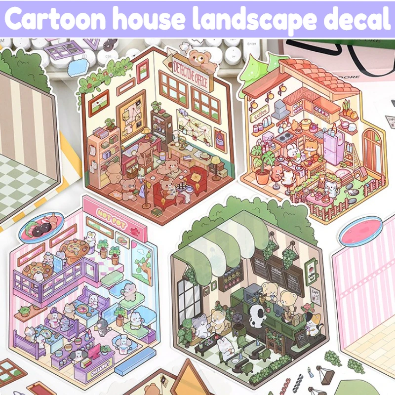 

Милый мультяшный пейзаж, штабелируемый дом, наклейка, детская забавная декомпрессия, микро загадочная комната, наклейки «сделай сам», высокая игровая детская игра