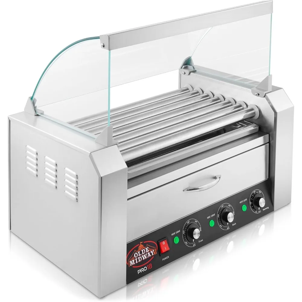 Olde Midway Electric 18 Hot Dog 7 Roller Grill Cooker Machine with Bun Warming Drawer and Cover - Commercial Grade, Stainless