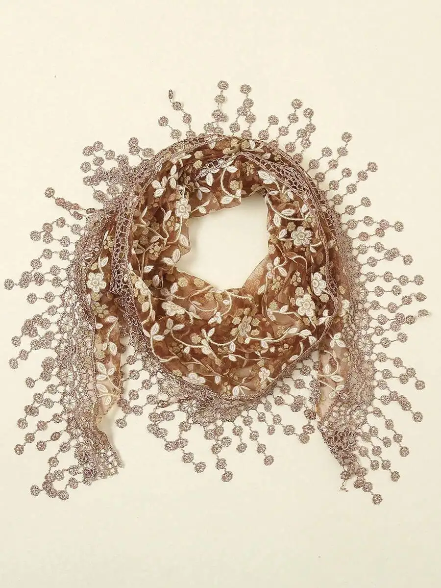 

Women Fashion Floral Lace Trim Triangular Scarf Headscarf for Holiday Use
