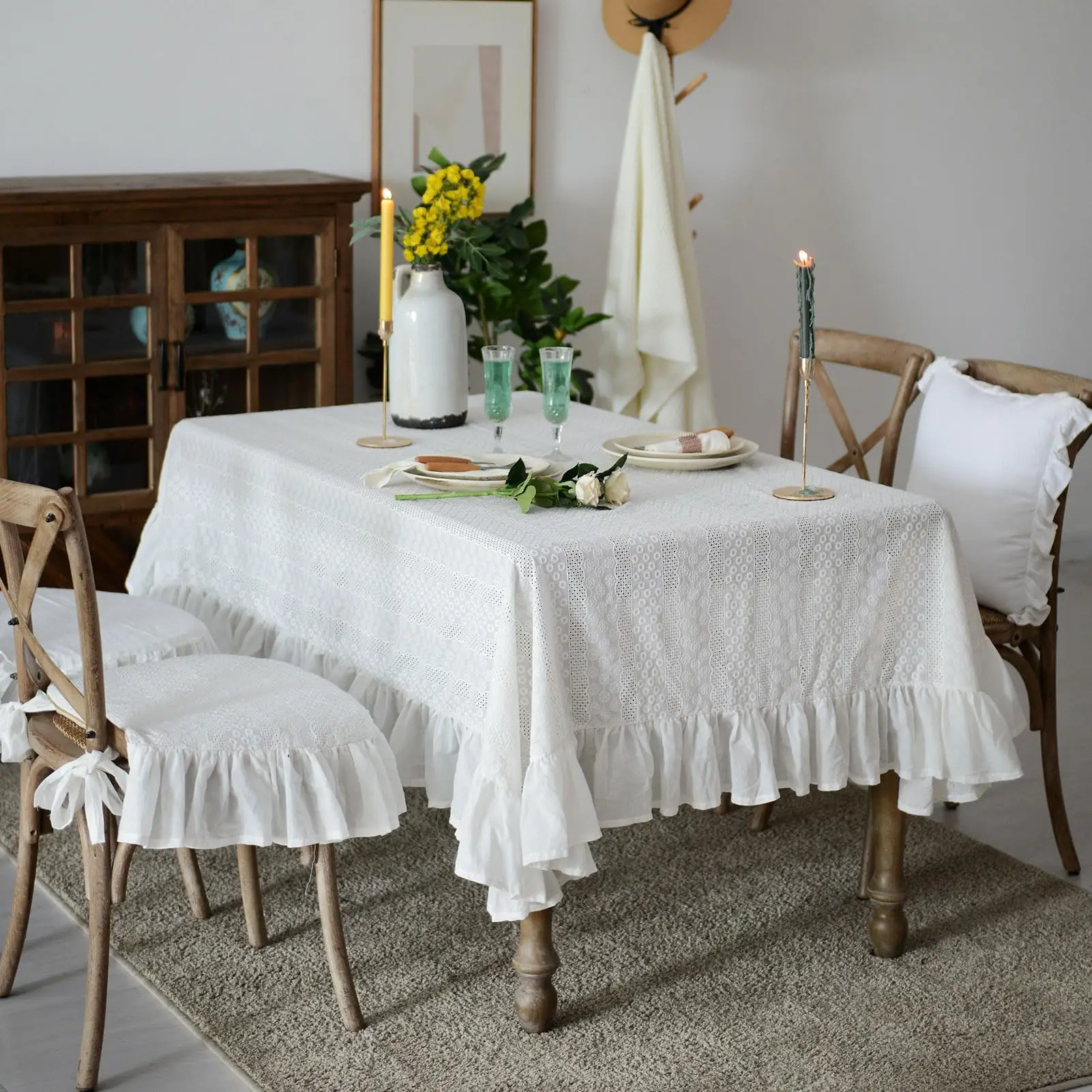 French White Cotton Tablecloth Ruffled Lace Embroidered Fabric Tablecloths Rustic Table Cover for Home Holiday Party Christmas