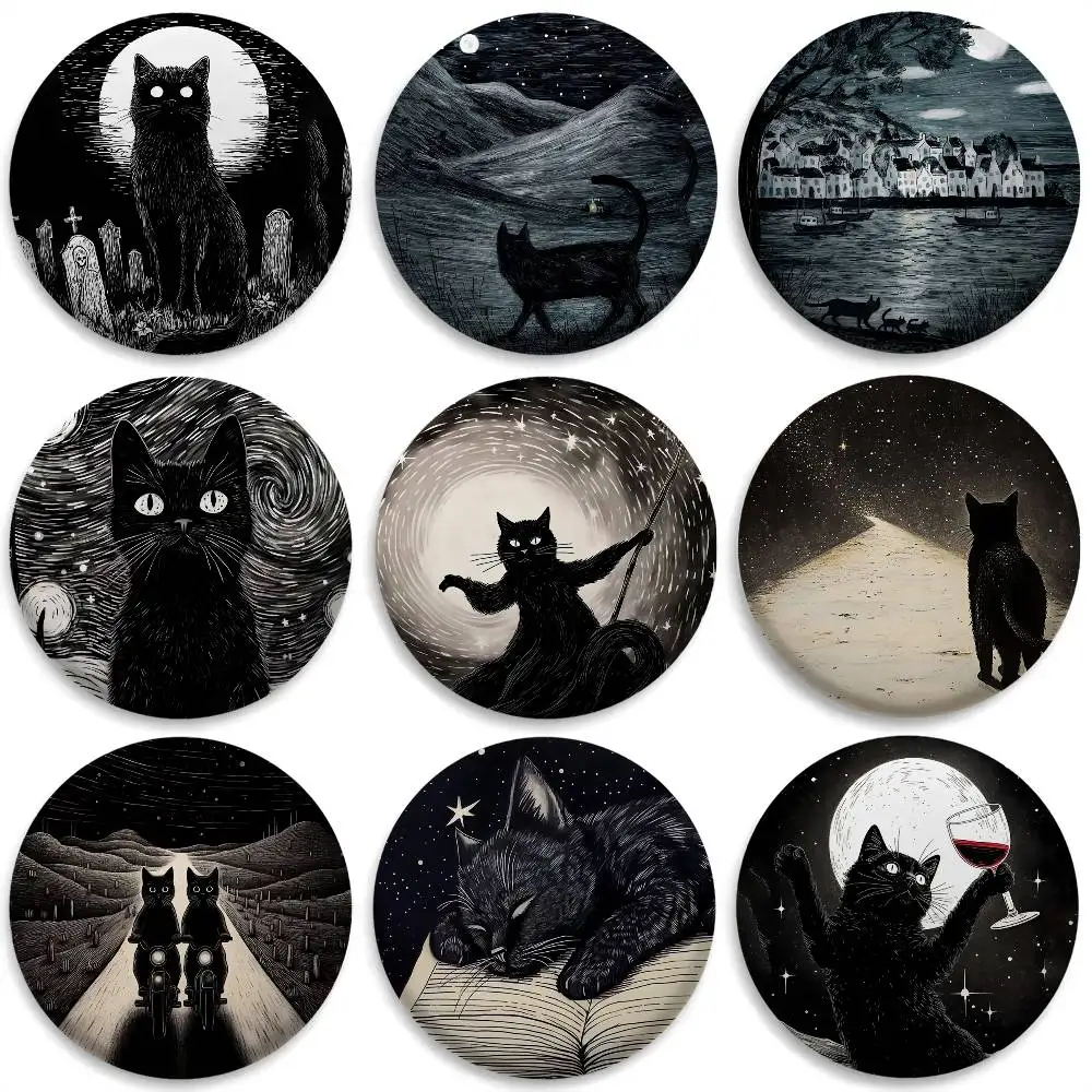 

Black Cat Night Cool Badges Round Exquisite Badge Brooches Creative Pins For Clothes Hat Backpack Gift Accessories
