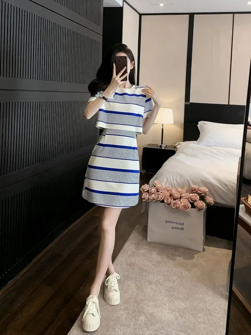 Women Summer Striped Dress Imitation Two-piece Set Sweet Chic Dress T-shirt Style Short Skirts Pink Dress Cottagecore Clothes