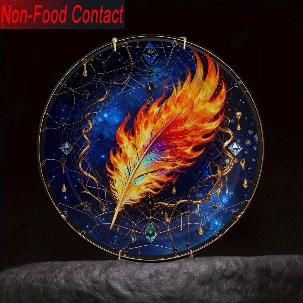 1pc Ceramic Decorative Plate with Flame Feather Starry Night Design - Round Non-Food Contact Suitable for Home Decor, Elegant