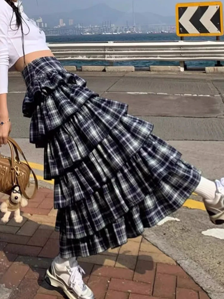 Zoki Vintage Plaid Cake Long Skirts Women High Waist Casual Korean Skirt Streetwear Retro Design Female Spring Y2K Skirts New