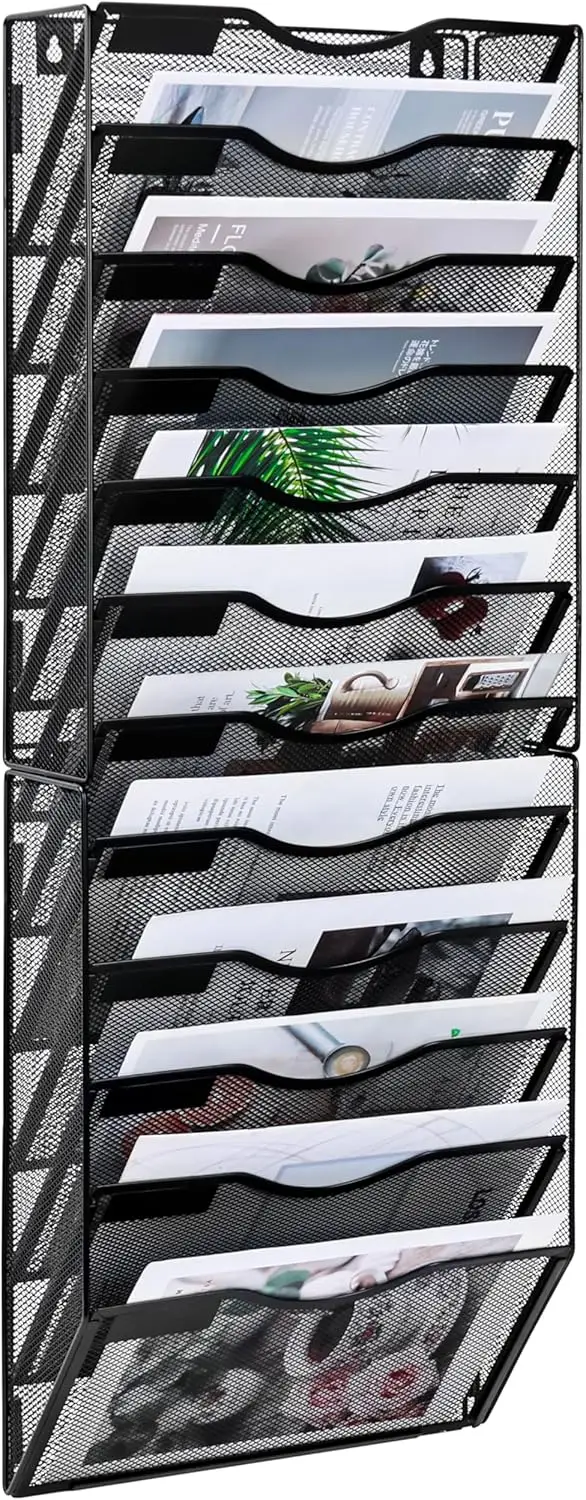 12 Pocket Wall File Holder Organizer, Black Mesh Storage for Office Documents Mail Magazine
