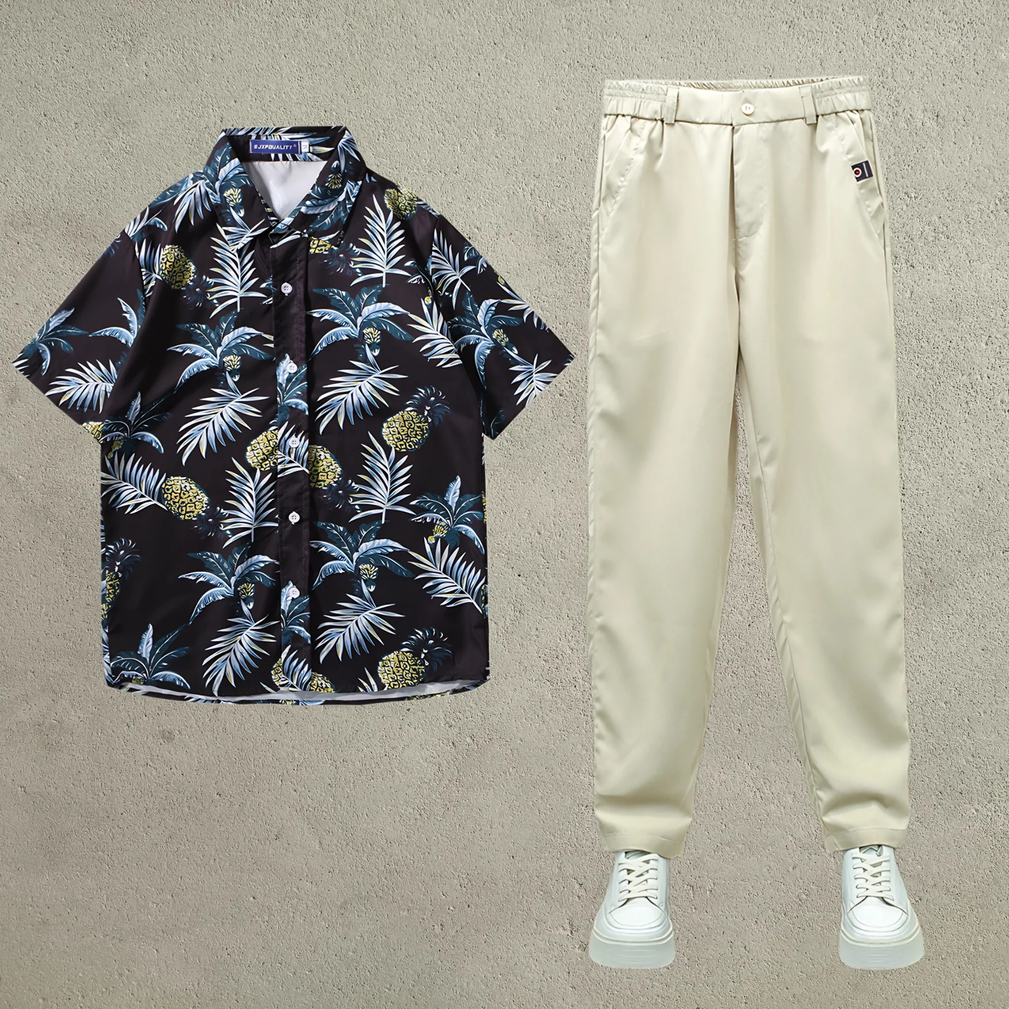 

Men's Short Sleeve Print Shirt and Trousers Set Thin Top and Pant Stylish Summer Outfit