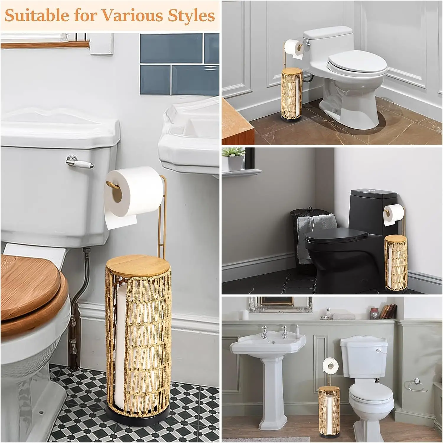 

Boho Rattan Freestanding Toilet Paper Holder with Storage