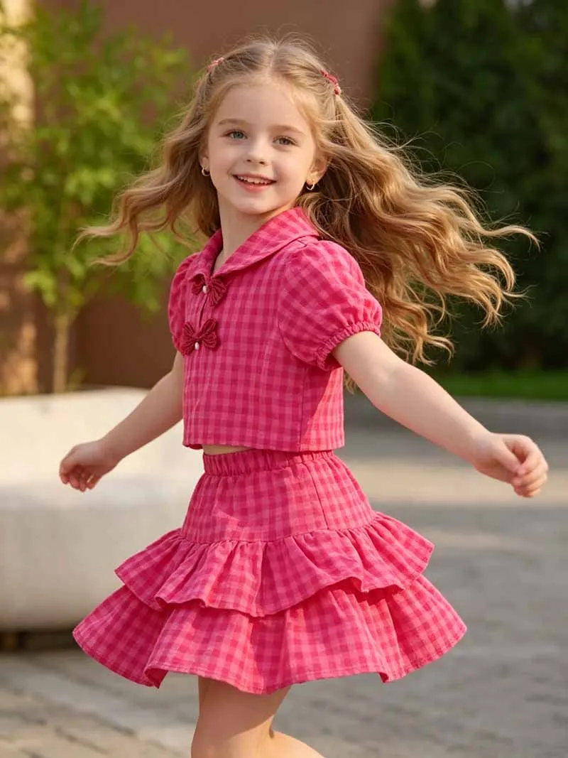 Kids Fashion Summer Suits Girls Trend Plaid Top+Skirt 2Pc Outfits Children Thin Tiered Kilt Button Shirt Sets 2-10 Years Old