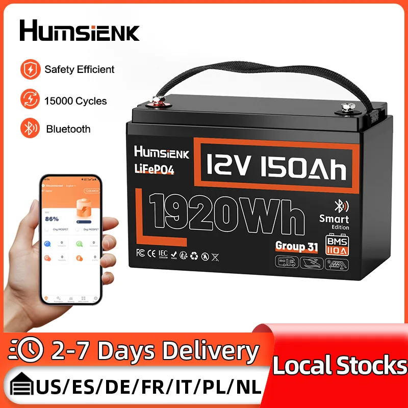 

Humsienk LiFePO4 Bluetooth Battery 12V 150Ah Lithium Battery With Improved 110A BMS For RV/Vans/Trolling Motor/Camping/Golf Cart