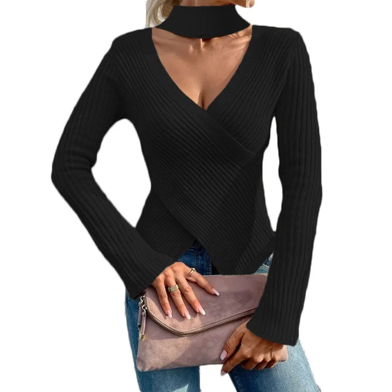 Pullover irregolare a maniche lunghe con scollo a v maglione sottile croce pieghettato coulisse maglia Top primavera autunno nuovo abbigliamento donna