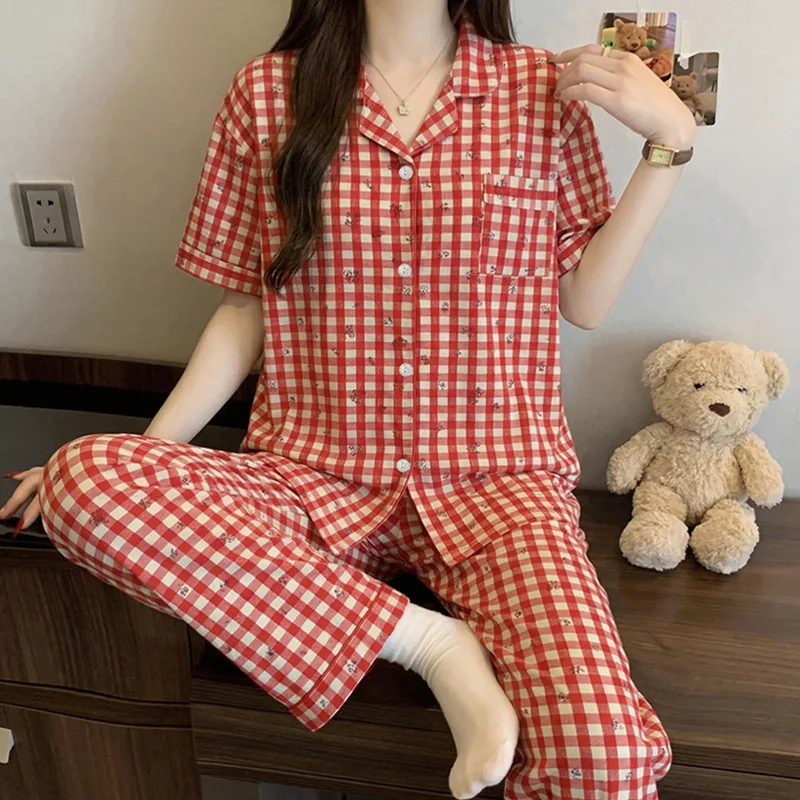 Pijama de manga curta de verão xadrez vermelho vintage para meninas; Conjunto de loungewear de verão com manga curta e calças compridas Jacquard de luxo