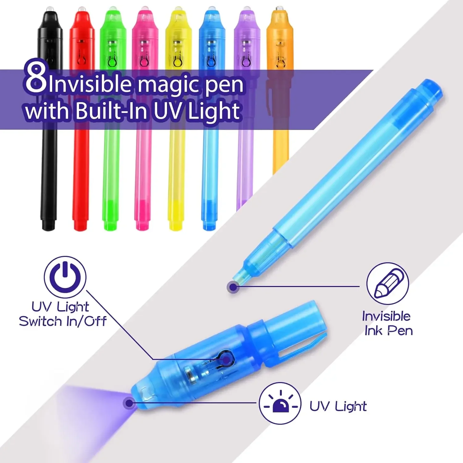 8pcs Invisible Ink Pen with UV Light Spy Pen Magic Marker Spy Pen Invisible Ink Pen Simple Invisible Ink Highlighter Pen School
