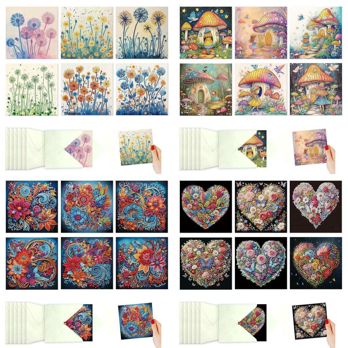6-Piece Set, DIY Floral Diamond Painted Greeting Card Kit, Beginner's Diamond Painting Blessing and Gratitude Card