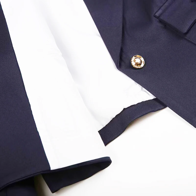 Giacca da abito blu navy Cappotto corto da donna alla moda con scollo a V Abito da donna da ufficio a maniche lunghe allentato casual